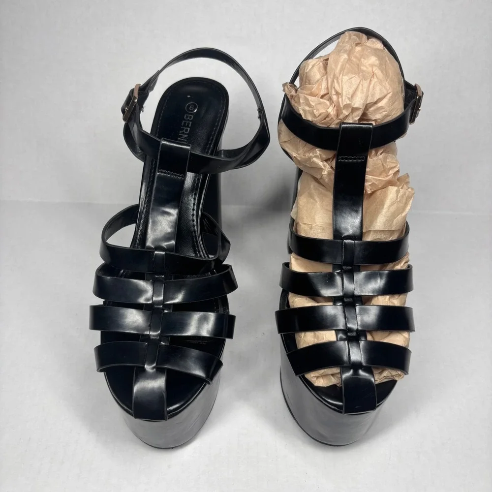 Berness Sofia Black Platform Cage Sandals Chunky Block Heel Ankle Strap Womens 8
